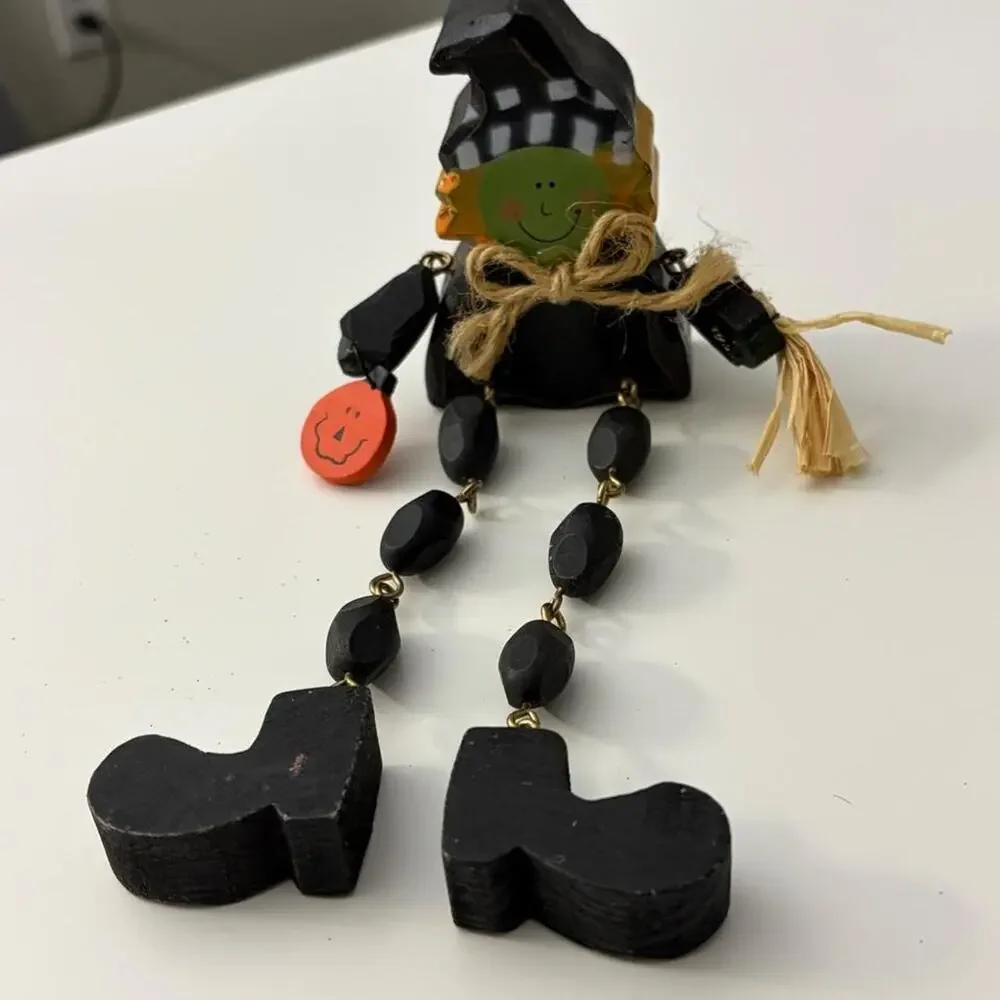 Vtg 2003 Black Witch Shelf Sitter Dangle Legs Wooden Figure with Orange Pumpkin